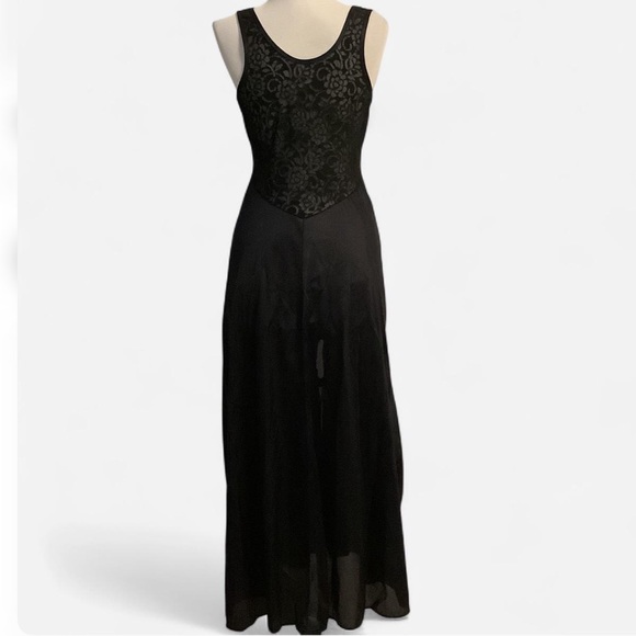 Sexy Vintage Chemise Black Lace Peek a Boo Bodice Sheer Nylon Long Gown - Picture 3 of 11